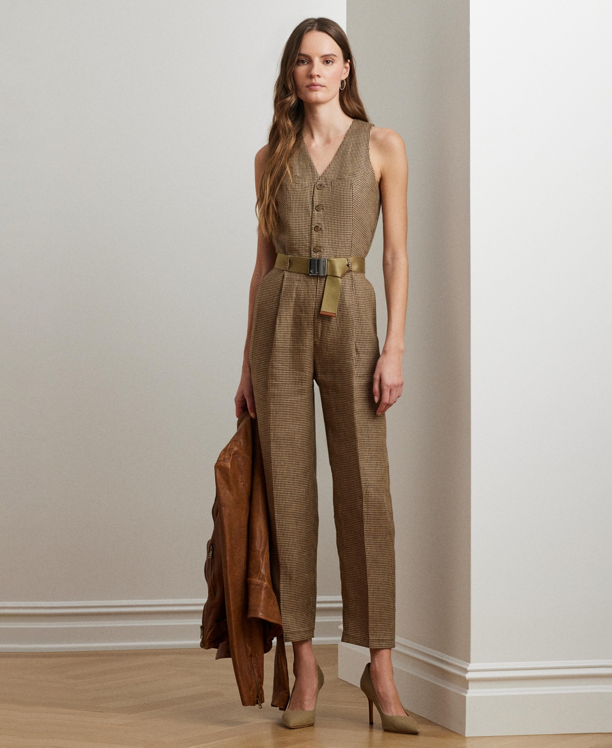 RALPH LAUREN WOMEN'S HOUNDSTOOTH BELTED LINEN JUMPSUIT 
