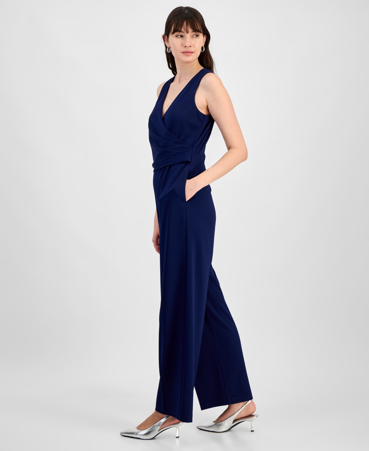 Anne Klein Cool Crepe V-neck Jumpsuit In Distant Mountain