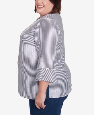 Plus Size Classic Embroidered Split Neck Striped Top