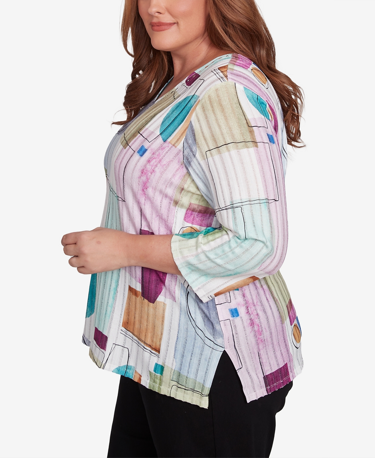Alfred Dunner Plus Size Classic Geometric V-neck Three Quarter Sleeves Top In Neutral Multi