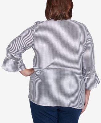 Plus Size Classic Embroidered Split Neck Striped Top
