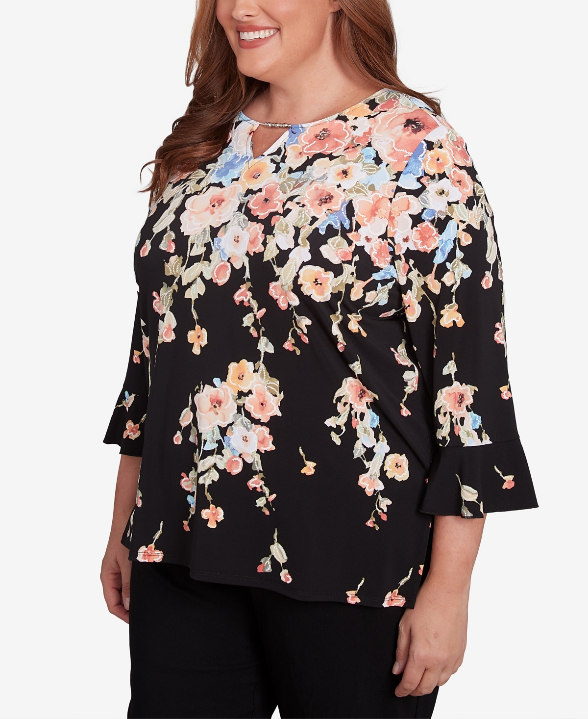 Alfred Dunner Plus Size Classic Falling Flower Beaded Split Neck Top In Black