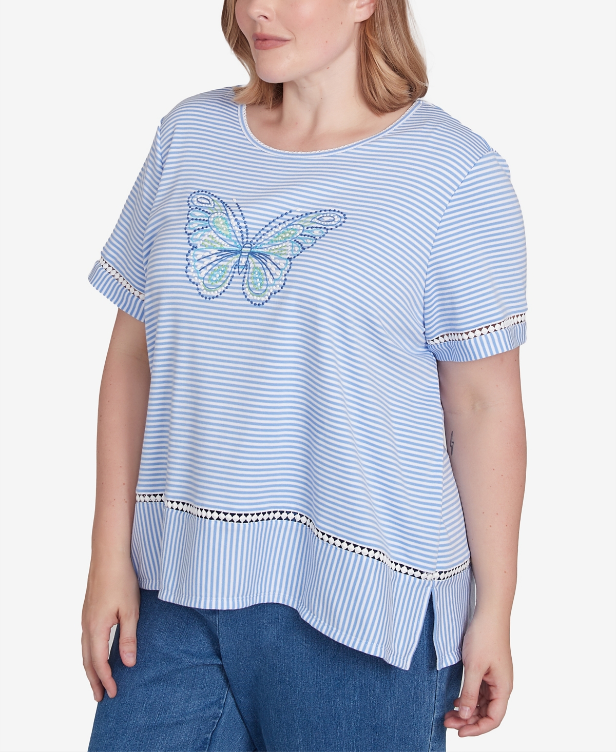 Alfred Dunner Plus Size Classic Striped Butterfly Short Sleeves Tee In Iris