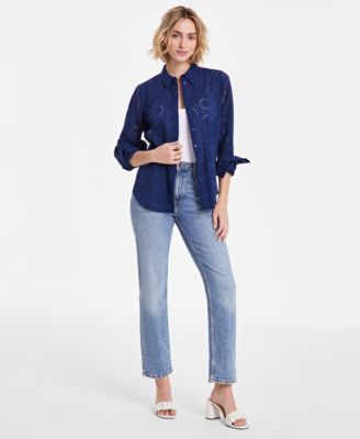 On 34th - Women's Solid Eyelet Button-Up Shirt