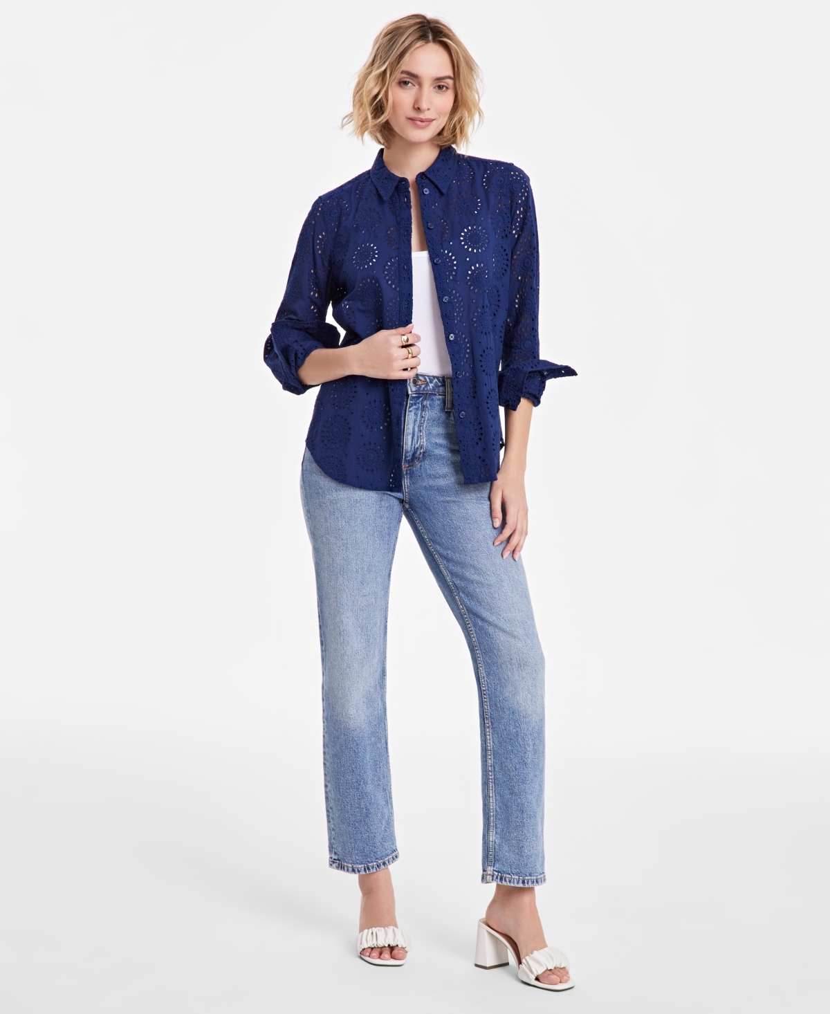 Women's Solid Eyelet Button-Up Shirt, Created for Macy's - Blazing Na