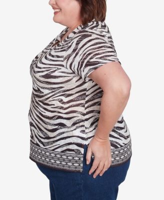 Plus Size Beaded Split Neck Animal Print Top