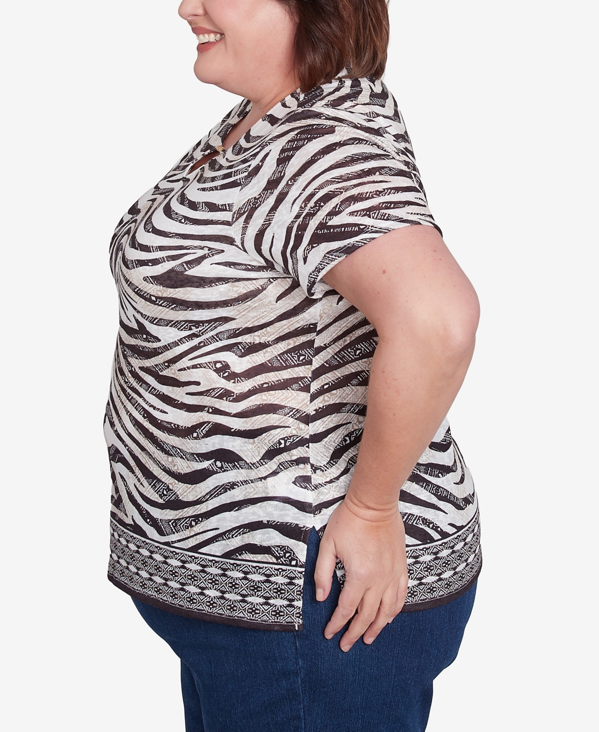 Alfred Dunner Plus Size Beaded Split Neck Animal Print Top In Black,tan