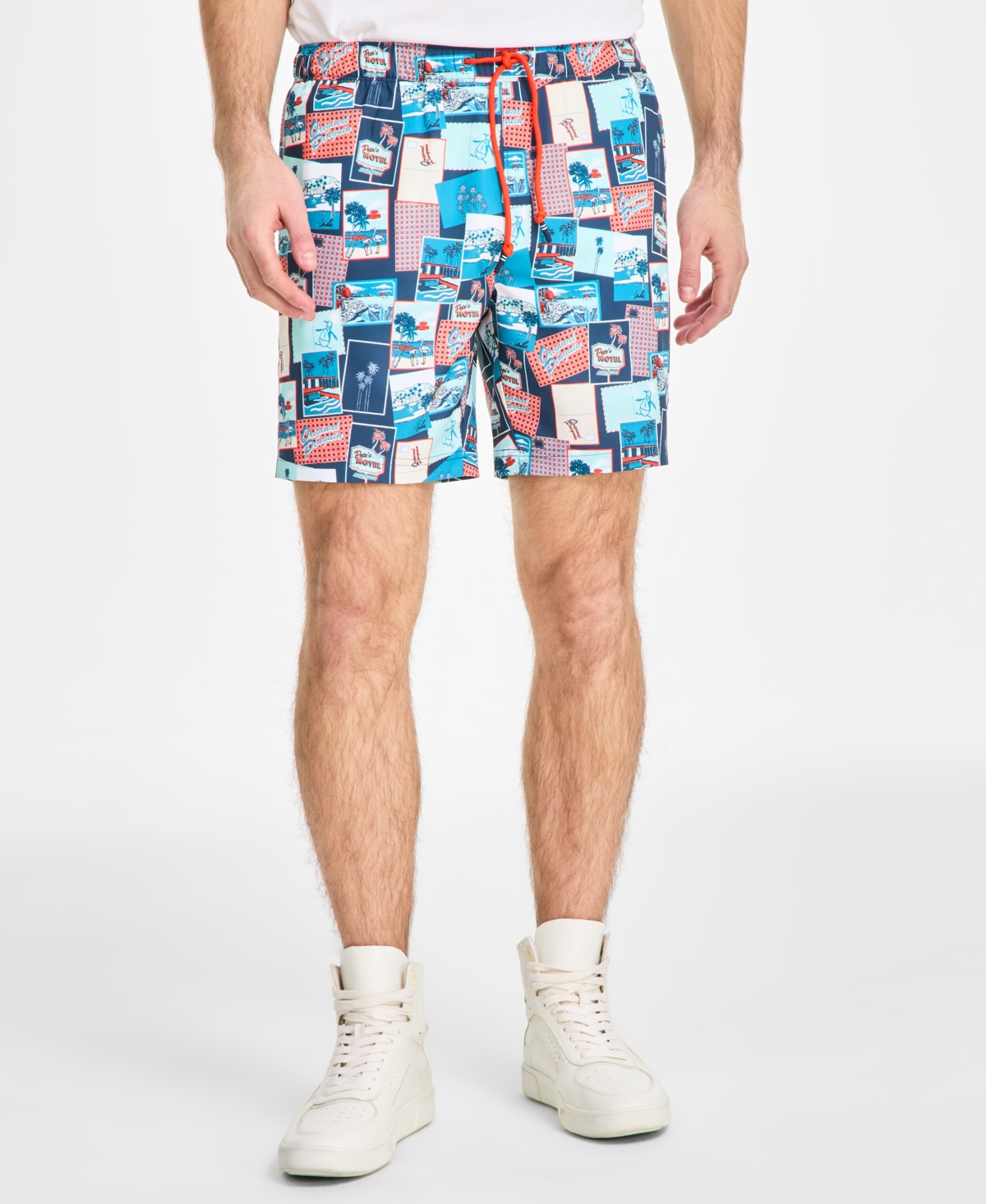 Original Penguin 7 Volley All Over Print Postcard Swim Trunk In Blue