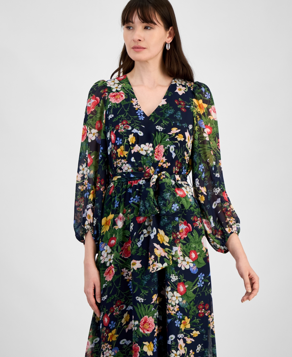 Anne Klein Floral Print Long Sleeve Chiffon Midi Dress In Distant Mountain Multi