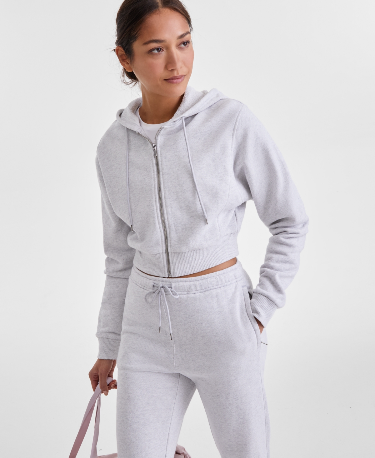 Id Ideology Women's Cropped Full-zip Knit Hoodie, Exclusively At Macy's In Silver Heather