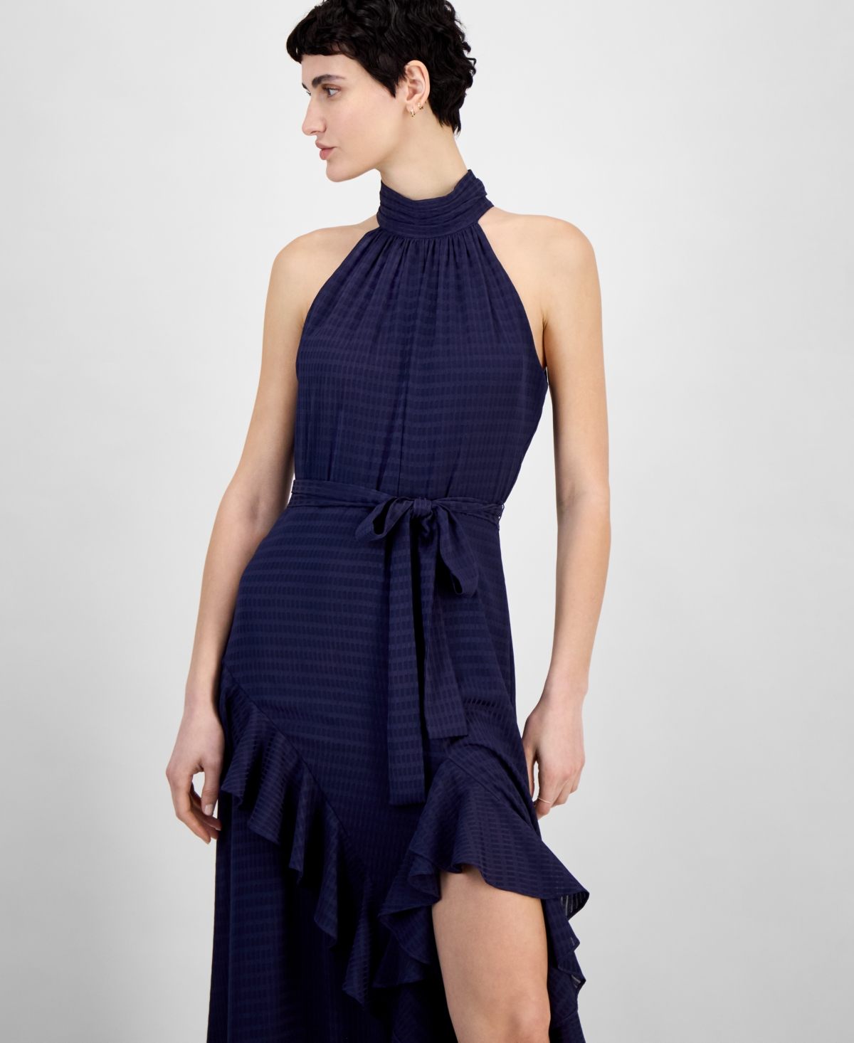 Anne Klein Sleeveless Tie Waist Asymmetric Ruffle Maxi Dress In Distant Mountain