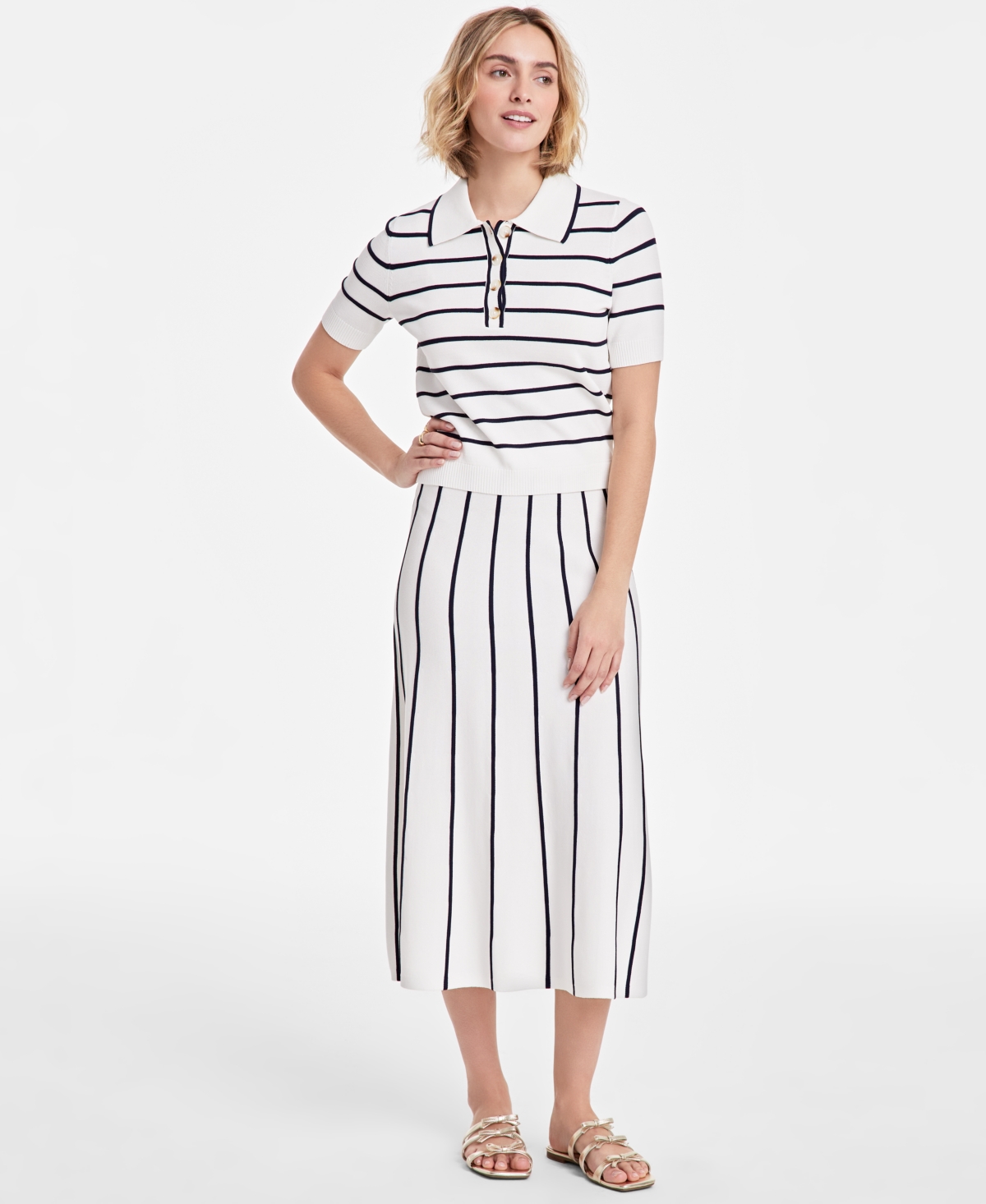 On 34th Women's Striped Pull-on Midi Sweater Skirt, Exclusively At Macy's In Winter Ivory