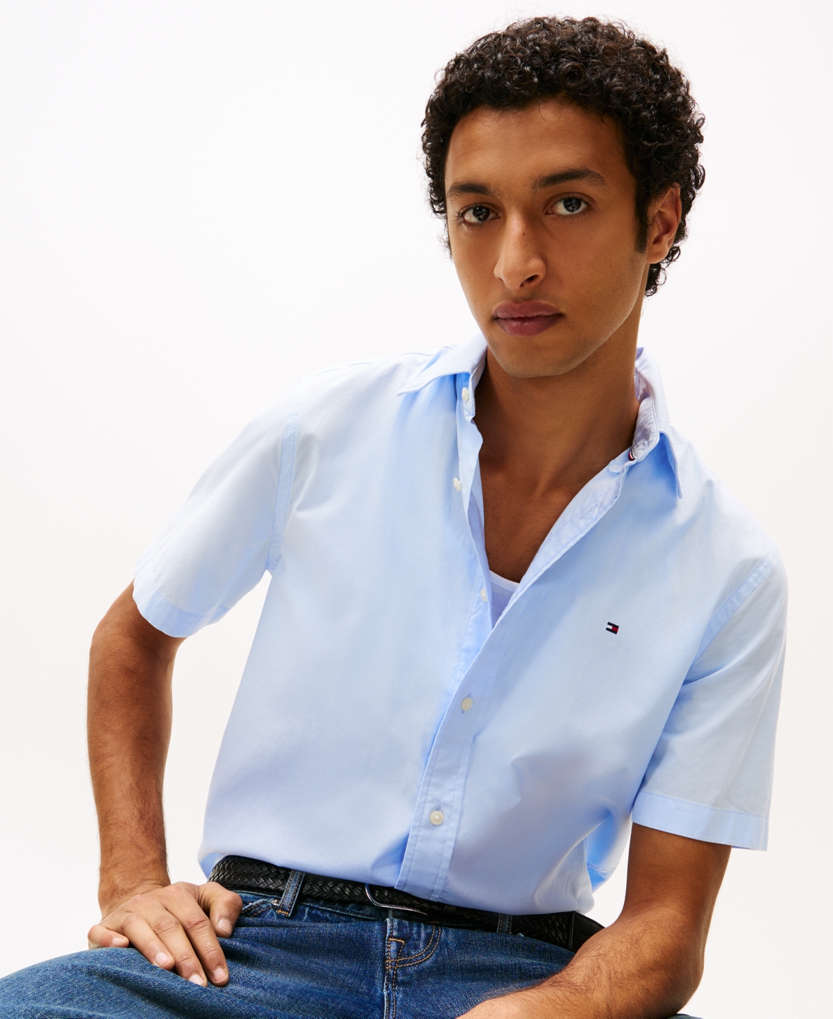 Tommy Hilfiger Men's Short Sleeve Flex Poplin Regular Fit Shirt In Sweet Blue