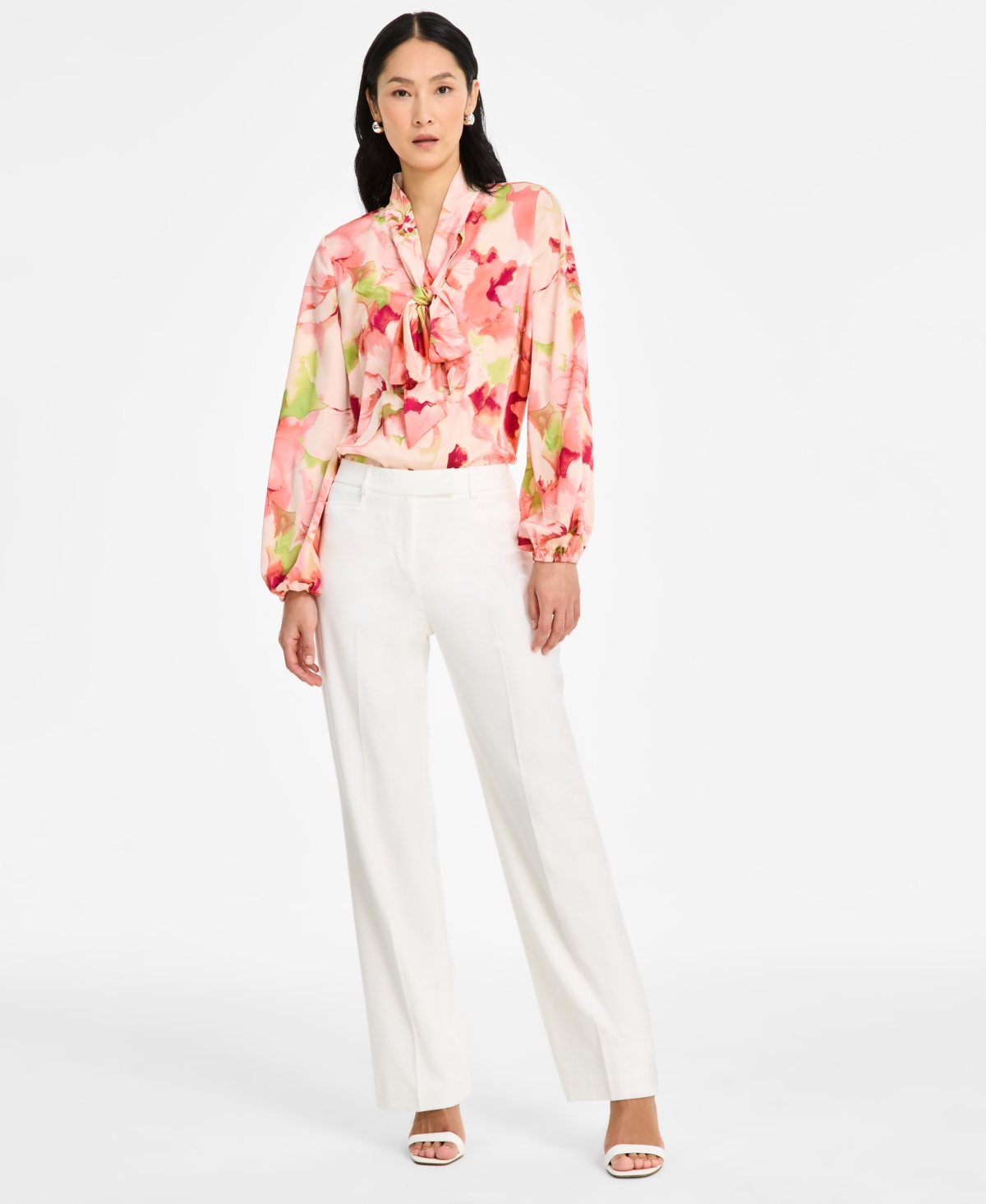 Tahari Asl Womens Peak Lapel Blazer Long Sleeve Printed Bow Neck Blouse Straight Leg Pants In White