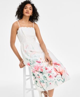 Juniors' Scalloped-Neck Placed Floral Midi Dress