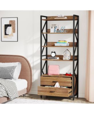 70.8" Industrial Bookshelf with 2 Drawers, 5 Open Shelves for Storage, Rustic Brown for Living Room or Office