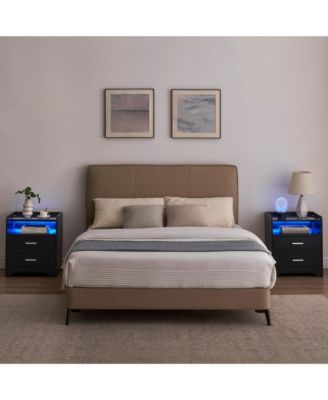 Night Stand with 2 Drawers, Smart End Side Table with LED Lights and Glass Top, Modern Bedside Table with Open Storage for Bedroom Living Room Dorm