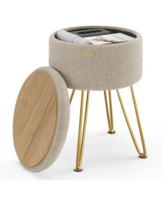 Modern Boucle Round Ottoman with Hidden Storage – Foot Stool, Makeup Vanity Stool, Small Ottoman Foot Rest, Perfect for Living Room