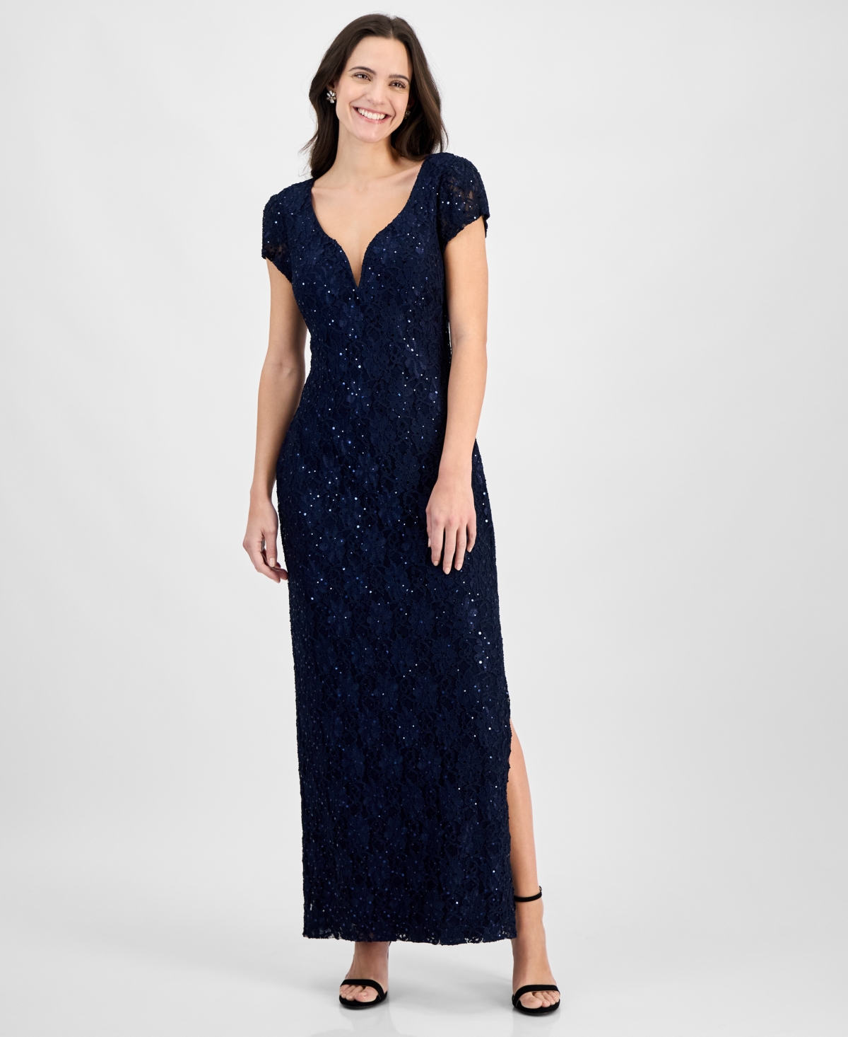 Sequined Lace Column Gown - Navy