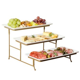 Gibson Home Gracious Dining Dinnerware, 3-Tier Rectangle Plate Serving Set with Gold Metal Stand, White - Macy's