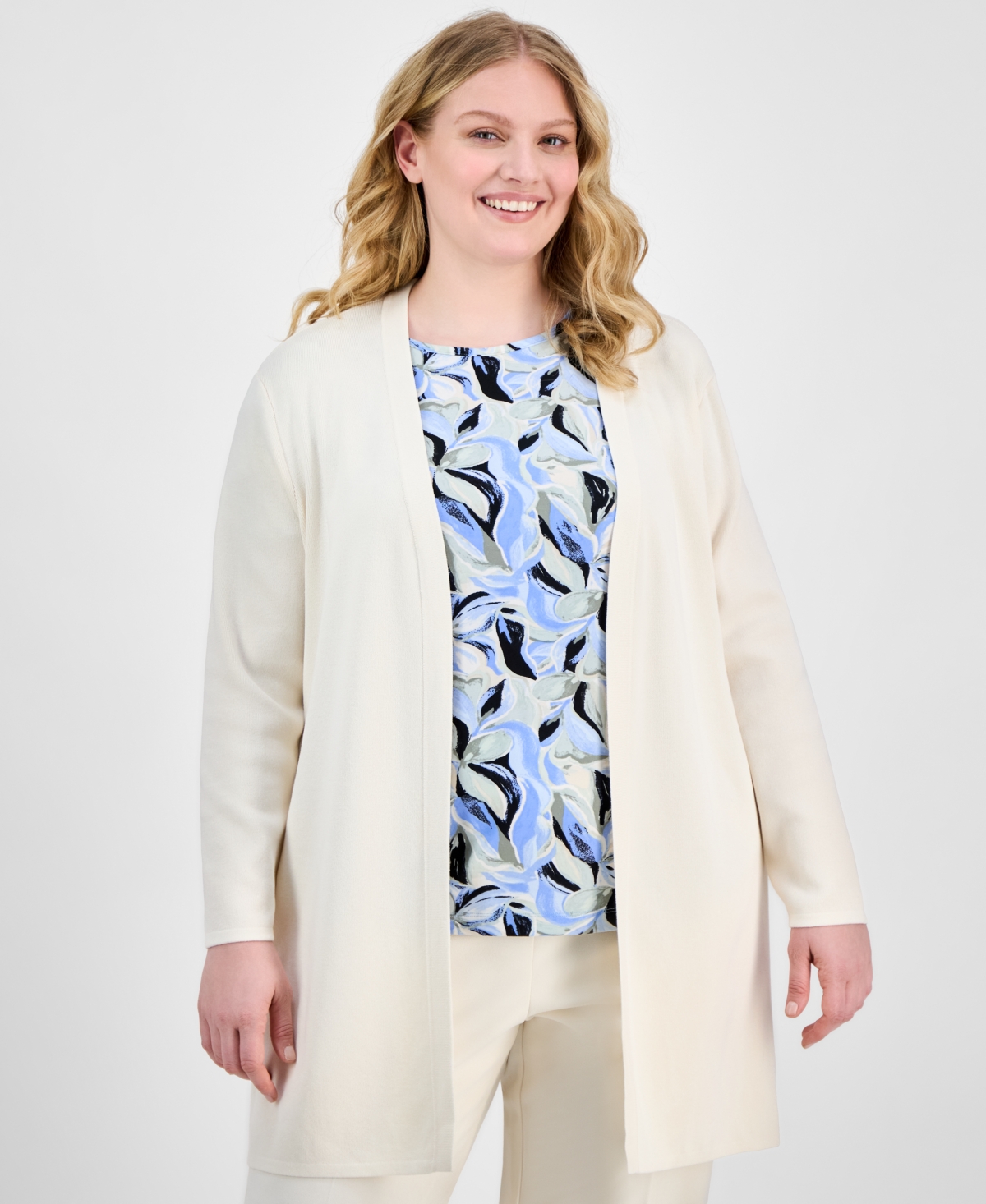 Ak Anne Klein Plus Size Open-front Long-sleeve Side-slit Cardigan