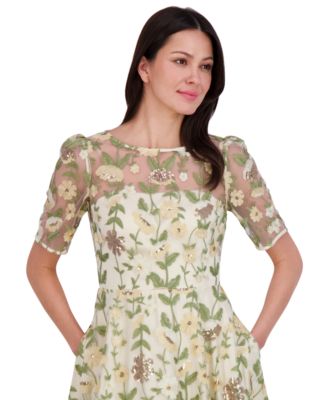 Eliza J Women's Embroidered Puff-Sleeve Fit & Flare Midi Dress - Macy's
