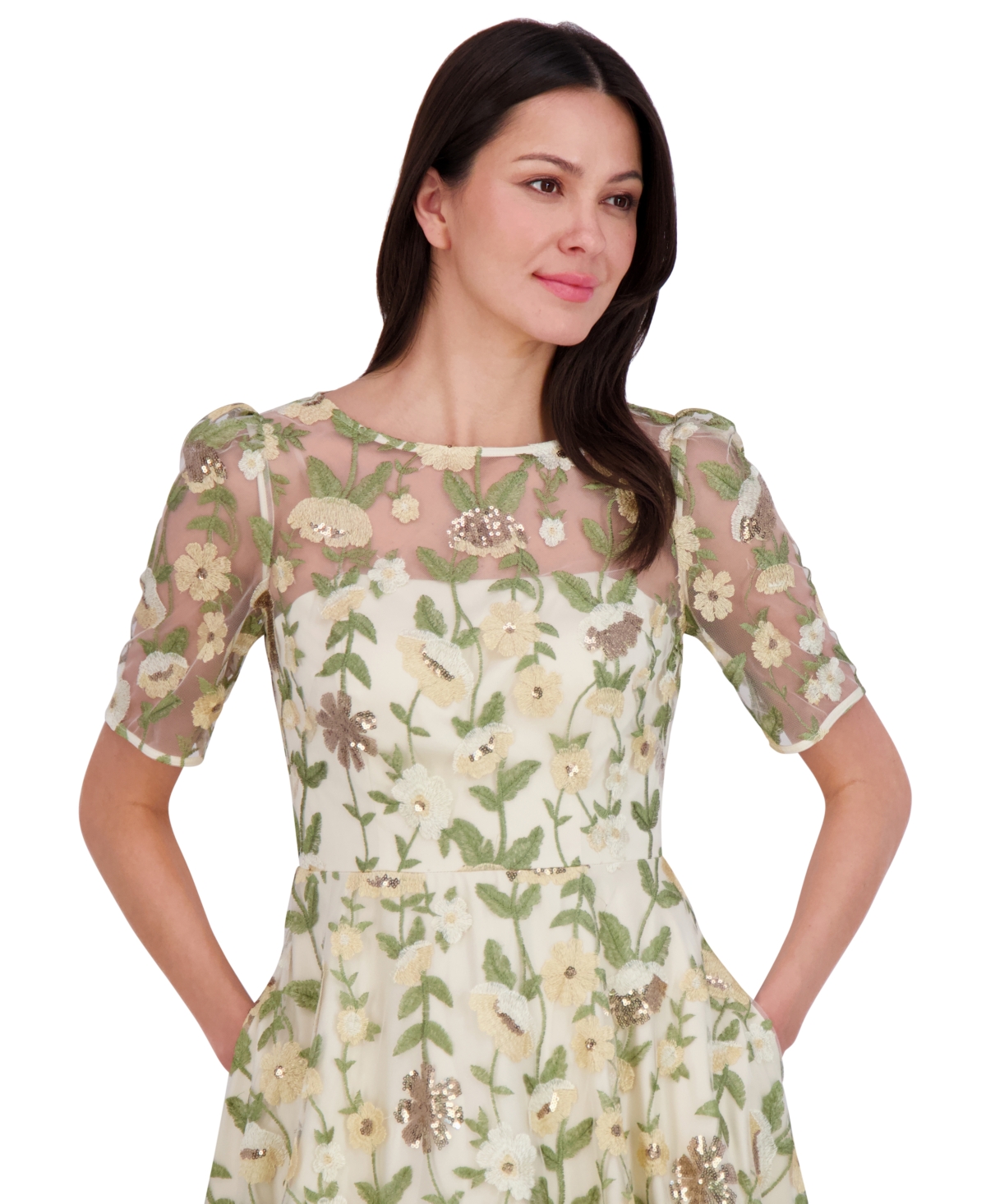 Eliza J Women's Embroidered Puff-sleeve Fit & Flare Midi Dress In Yellow
