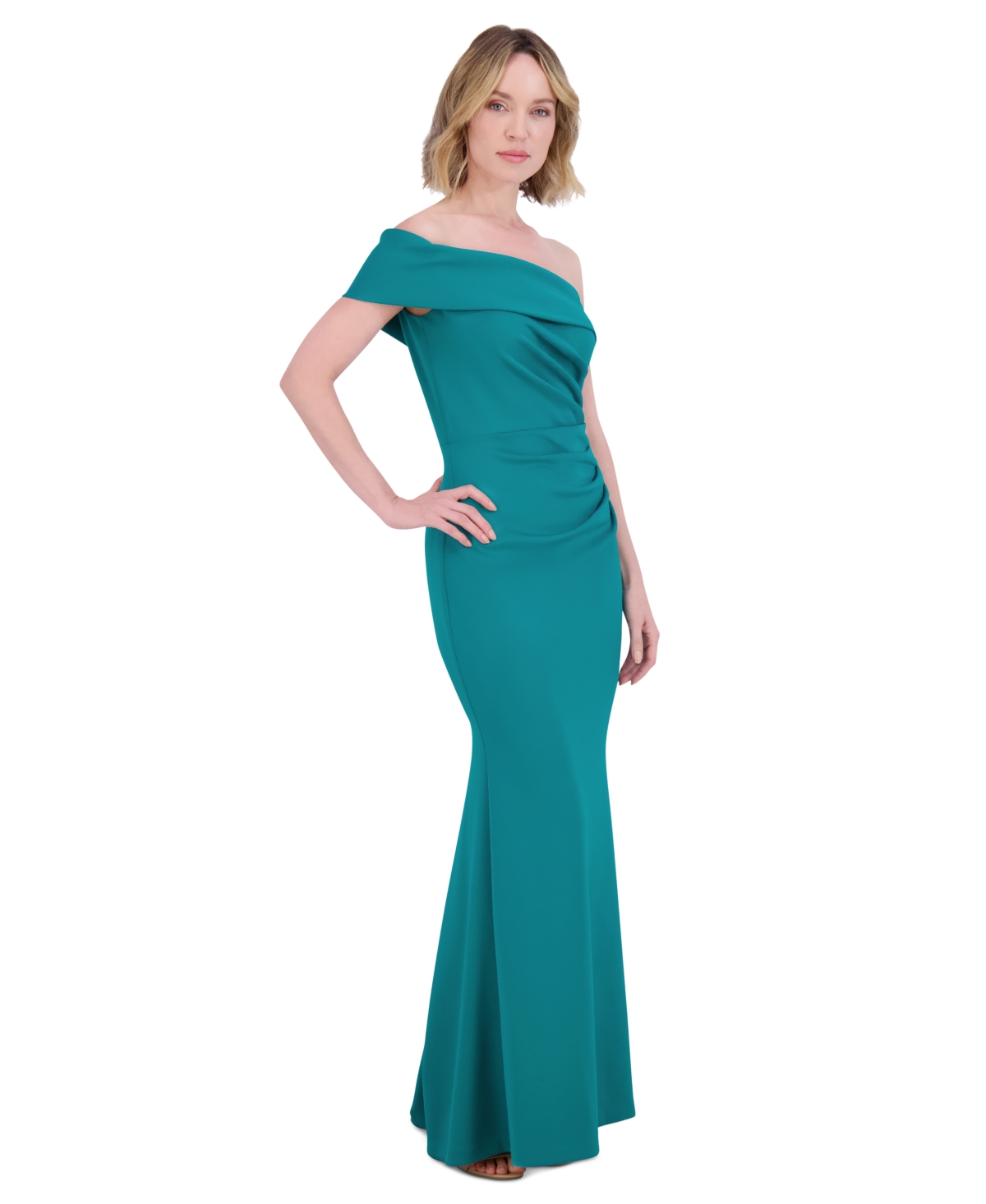 ELIZA J WOMEN'S ASYMMETRIC-NECK SIDE-PLEAT SCUBA GOWN 