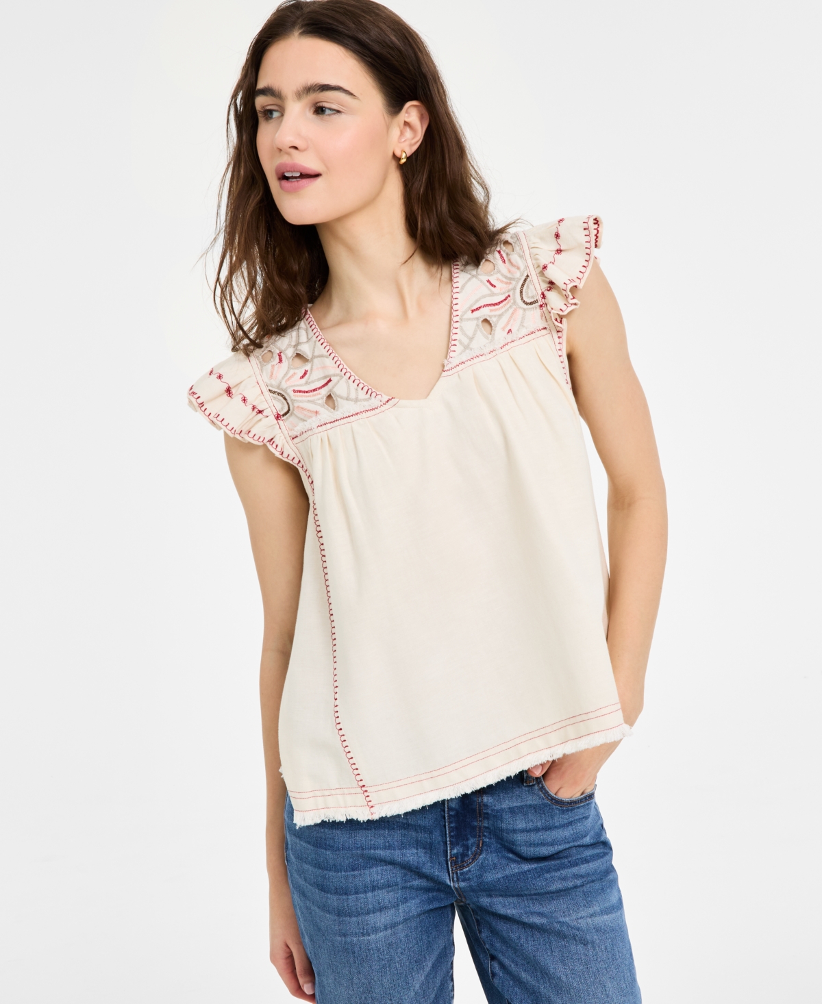 Women's Flutter-Sleeve V-Neck Embroidered Blouse - Bone with Multi Embroidery