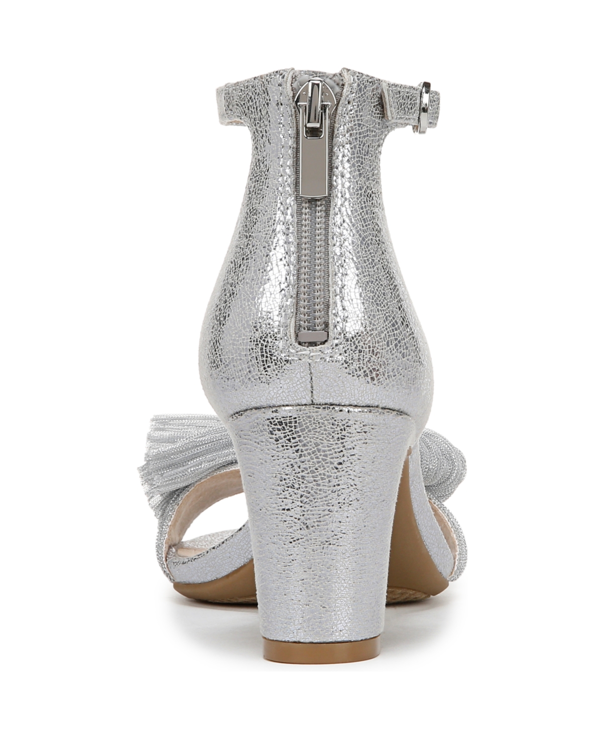 Shop Lifestride Women's Florence-bow Two Piece Block Heel Ankle Strap Sandals In Silver Faux Leather,fabric