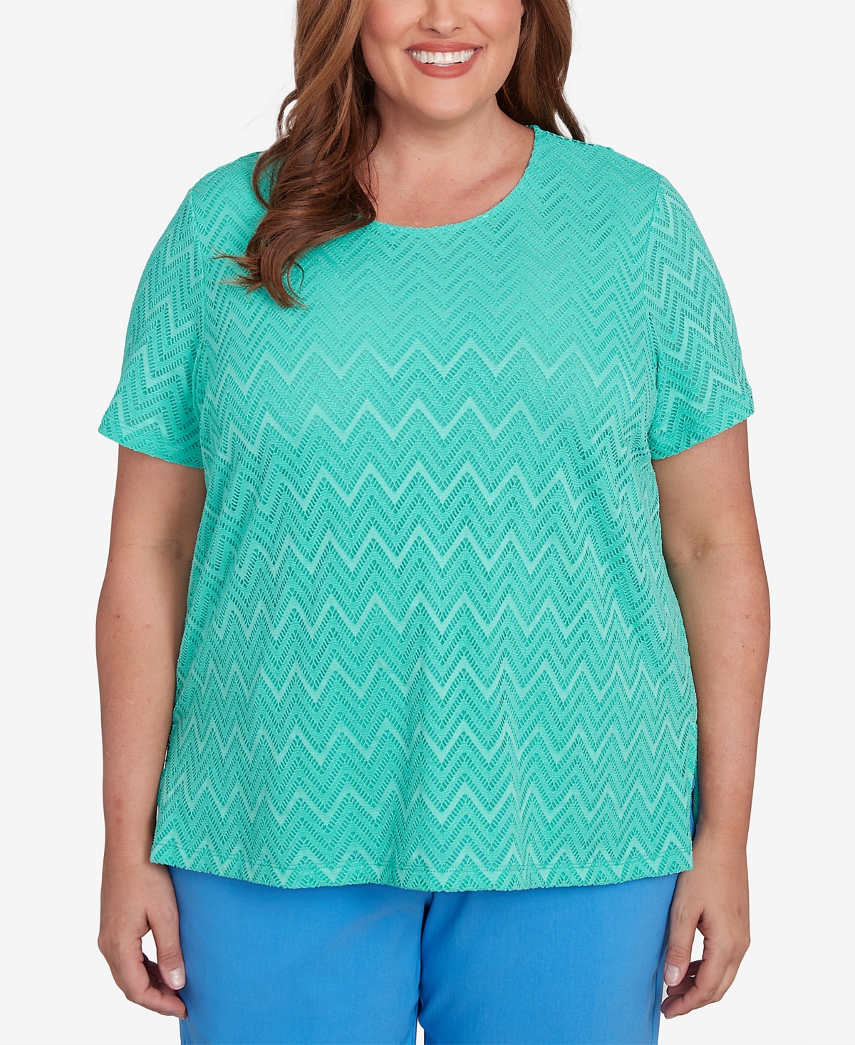 Alfred Dunner Plus Size Classic Textured Chevron Lace Back Tee In Jade
