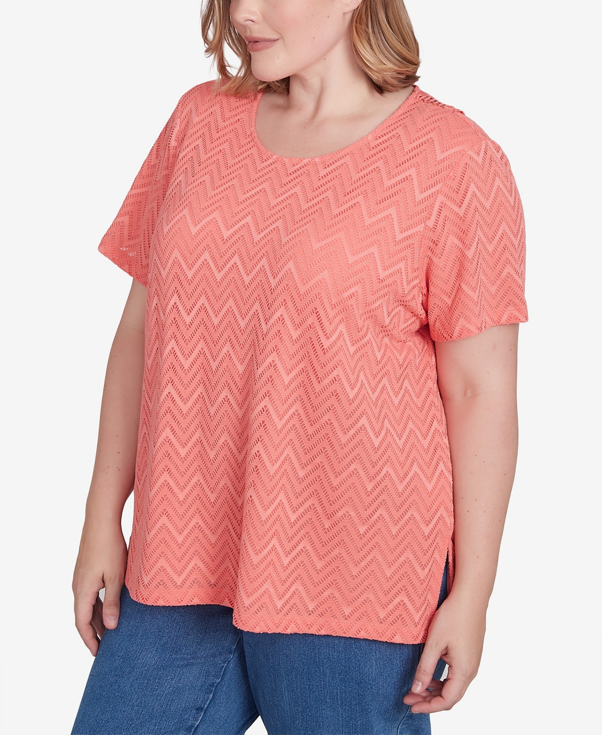 Alfred Dunner Plus Size Classic Textured Chevron Lace Back Tee In Coral