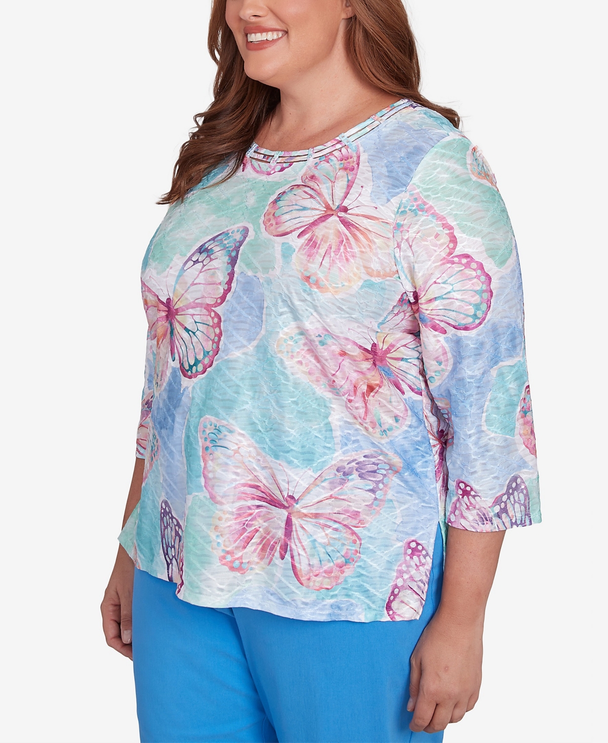 Alfred Dunner Plus Size Classic Floral Spray Crew Neck Top In Multi Pink