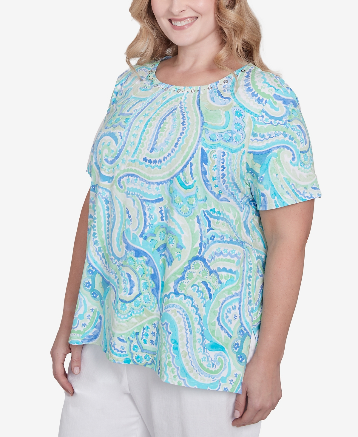 Alfred Dunner Plus Size Pleated Crew Neck Paisley Top In Multi Blue