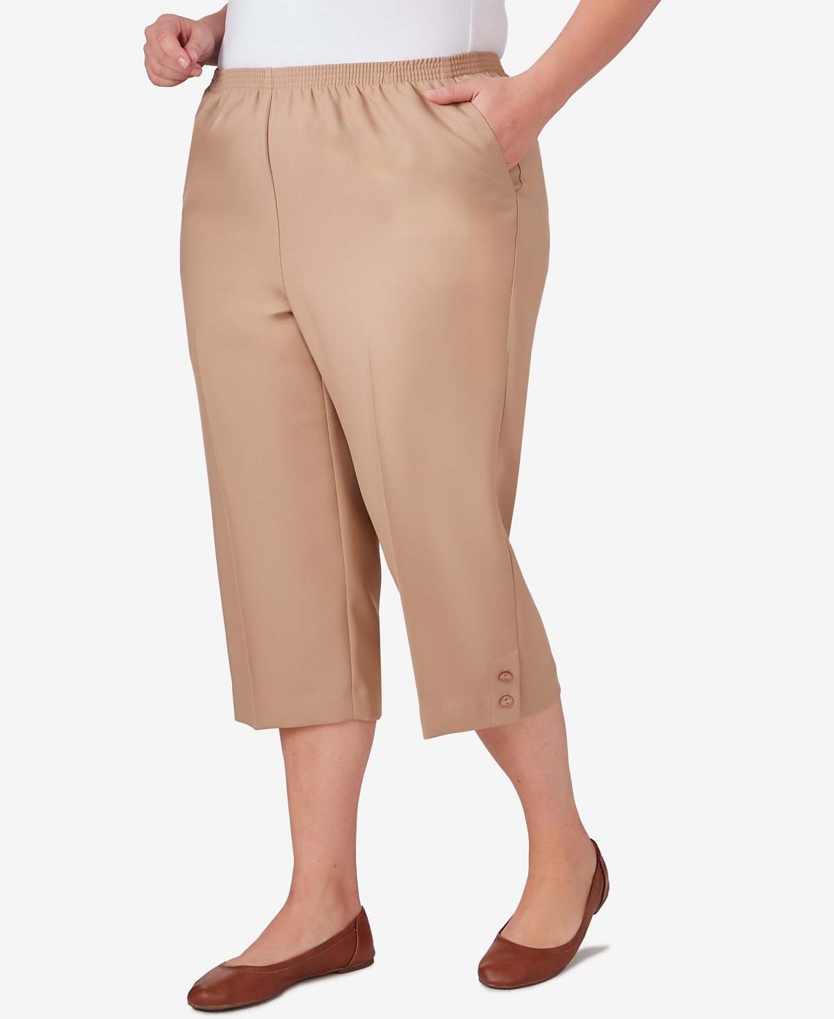 Alfred Dunner Plus Size Classic Stretch Waist Accord Capri Pants With Button Hem In Tan