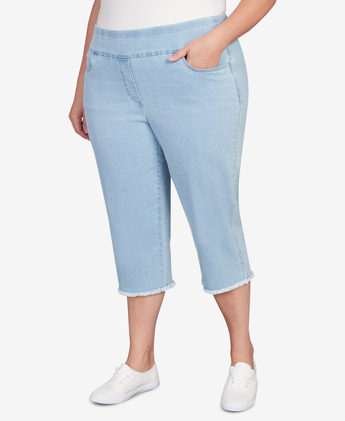 Alfred Dunner Plus Size Classic Neutrals Superstretch Denim Fringe Capri Pants In Light Denim