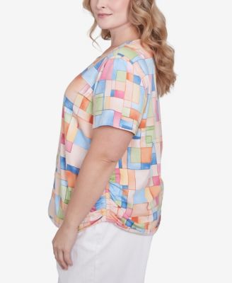 Plus Size Color Block Tile Top with Side Ruching
