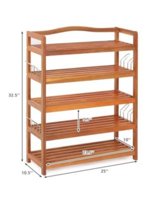 5-Tier Acacia Wood Shoe Rack with Side Metal Hooks
