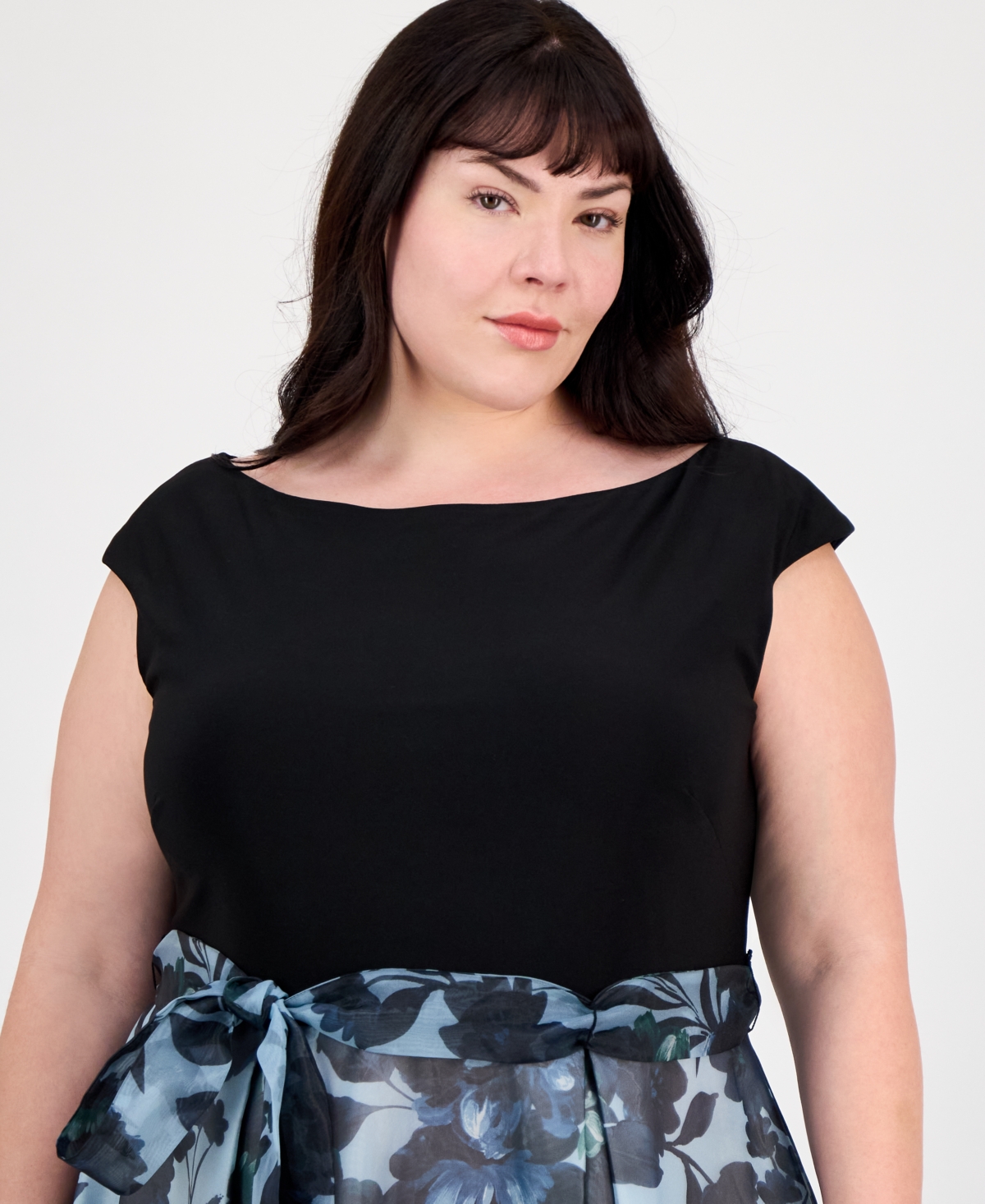 Shop Sl Fashions Plus Size Tie-front Printed Organza Ballgown In Black Multi