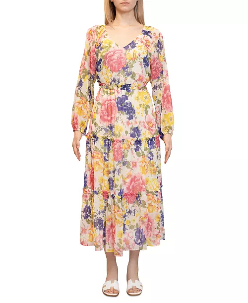 juniors' floral-print tiered midi dress