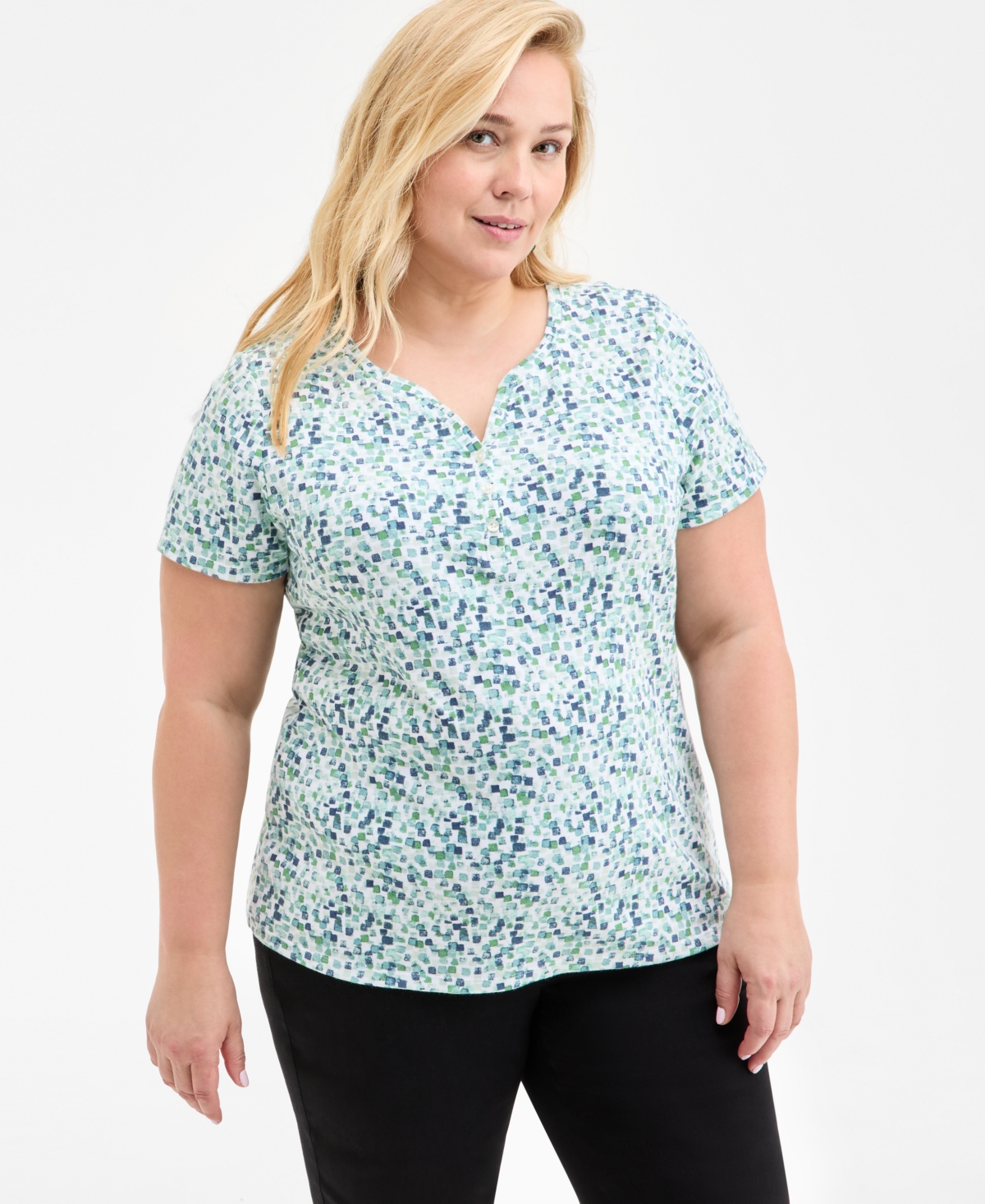 Style & Co Plus Size Printed Henley Top, Exclusively At Macy's In Multi