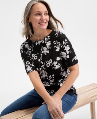 売れ筋商品|||スタイルアンドコー カットソー トップス レディース Petite Everybody Floral Elbow-Sleeve Knit Top, Created for Macy's Deep Black Style & Co Petite Everybody Floral Elbow-Sleeve Knit Top
