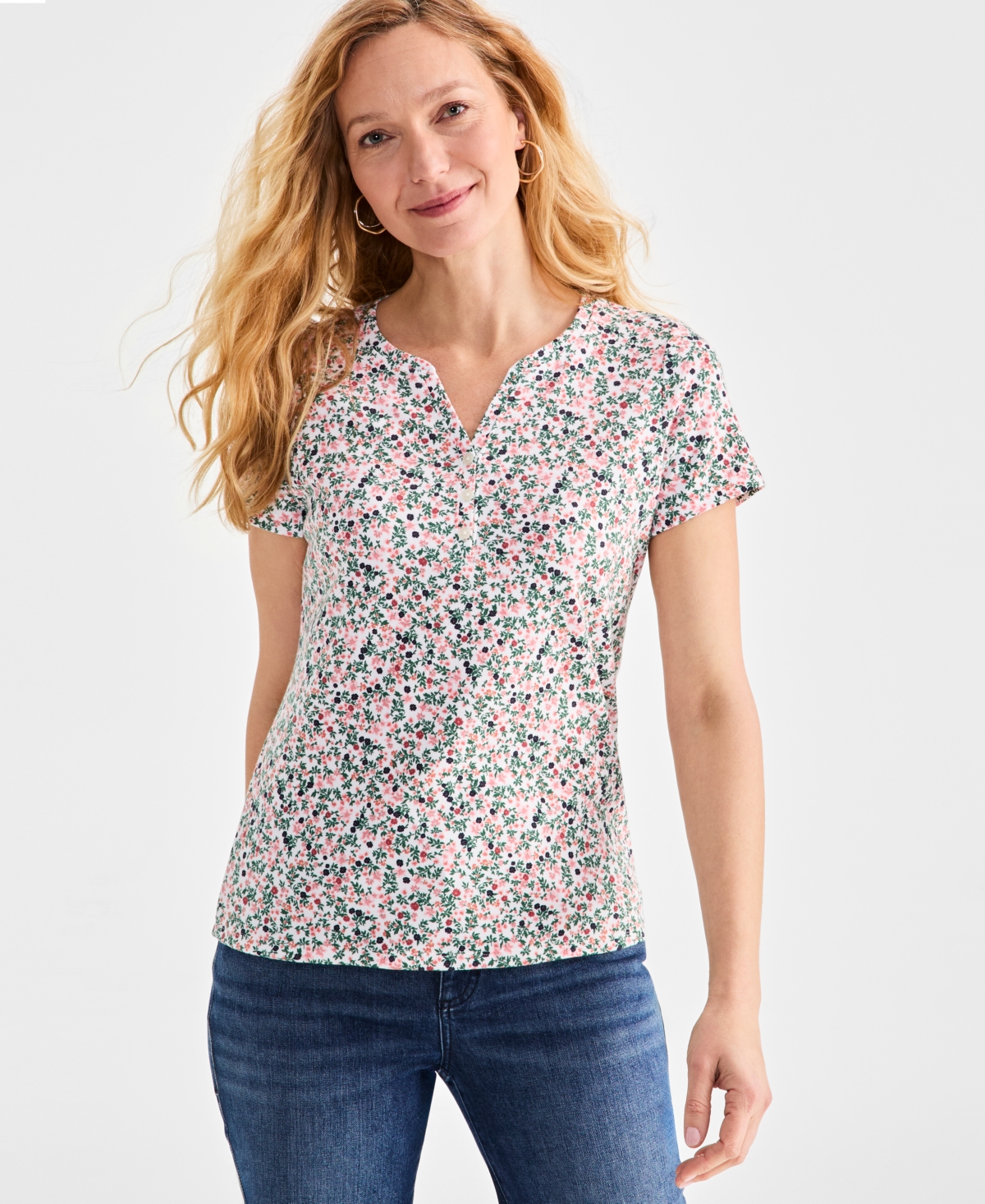 Women's Printed Short-Sleeve Henley T-Shirt, Exclusively at Macy's - Paige White