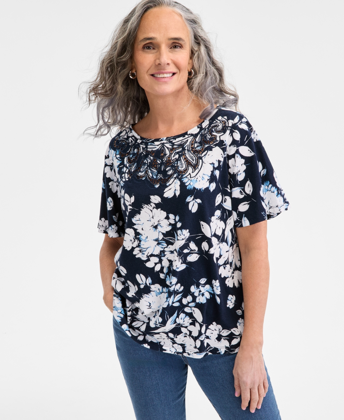 Petite Crochet-Trimmed Short-Sleeve Knit Top, Exclusively at Macy's - Alice Ind