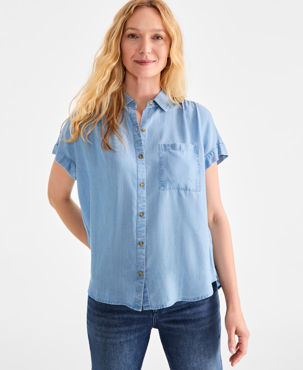 Petite Chambray Short-Sleeve Button Shirt, Exclusively at Macy's - Anna Wash