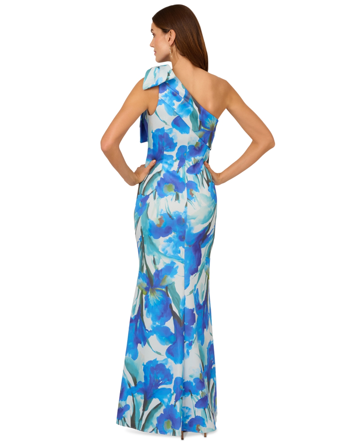 ADRIANNA PAPELL PETITE PRINTED BOW ONE-SHOULDER GOWN 