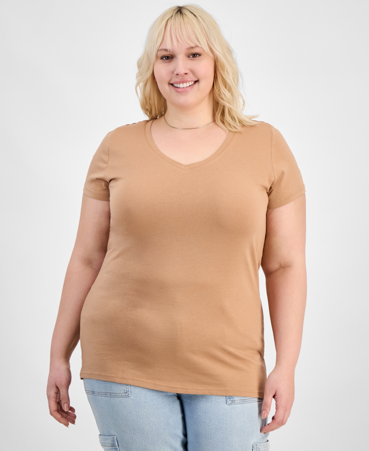 Trendy Plus Size Fitted V-Neck T-Shirt - Magnet