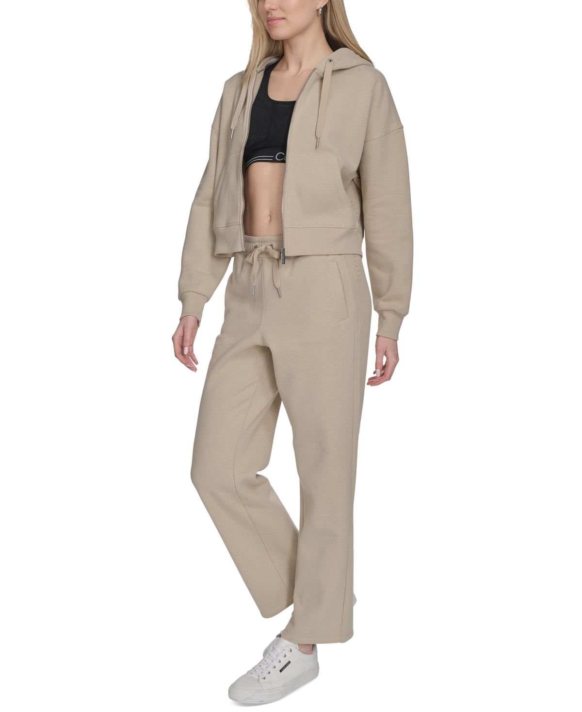 Shop Calvin Klein Women's Fleece Crop Zip-front Long-sleeve Hoodie In White Pepper