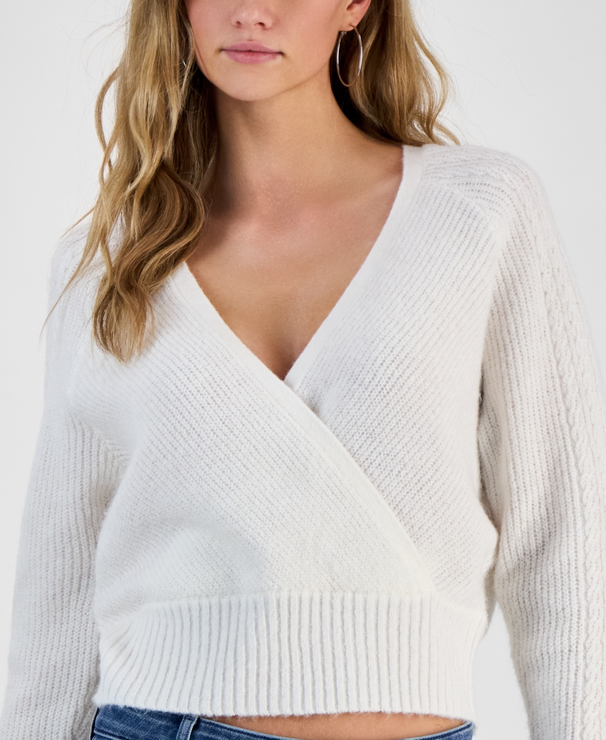 GUESS WOMEN'S KELLIE SURPLICE CABLE-SLEEVE SWEATER 