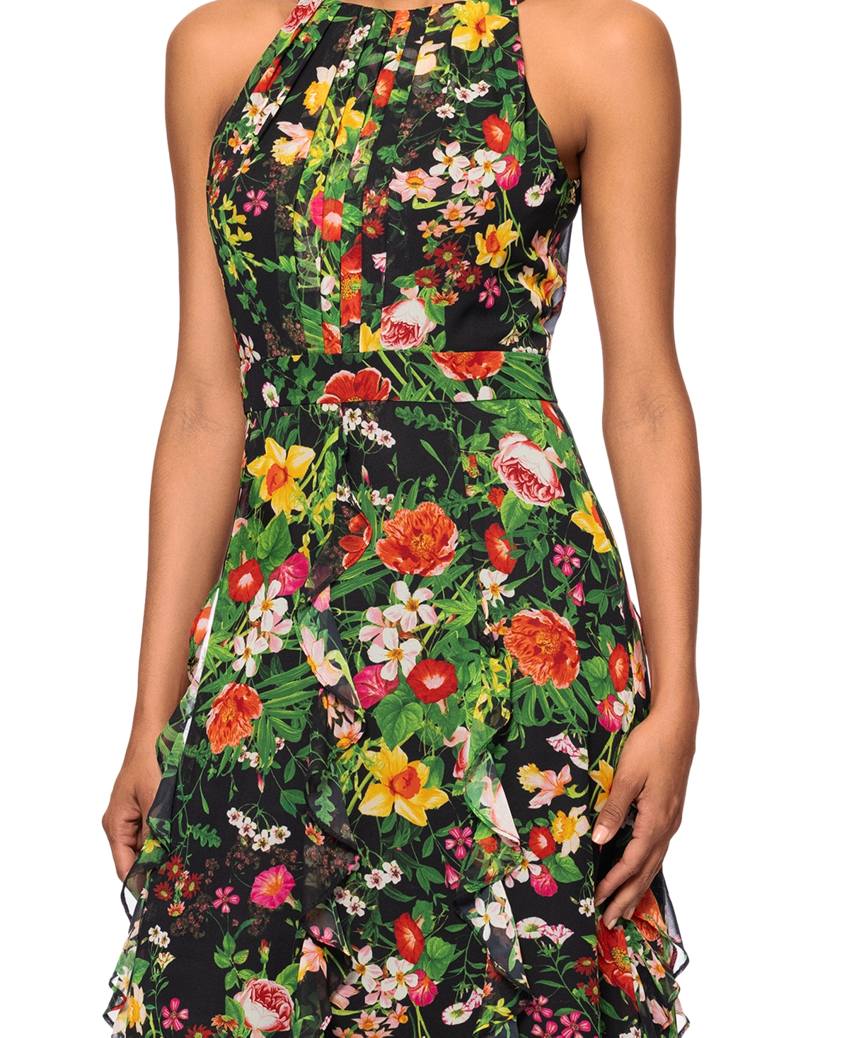 BETSY & ADAM PETITE PRINTED RUFFLED HALTER-NECK GOWN 